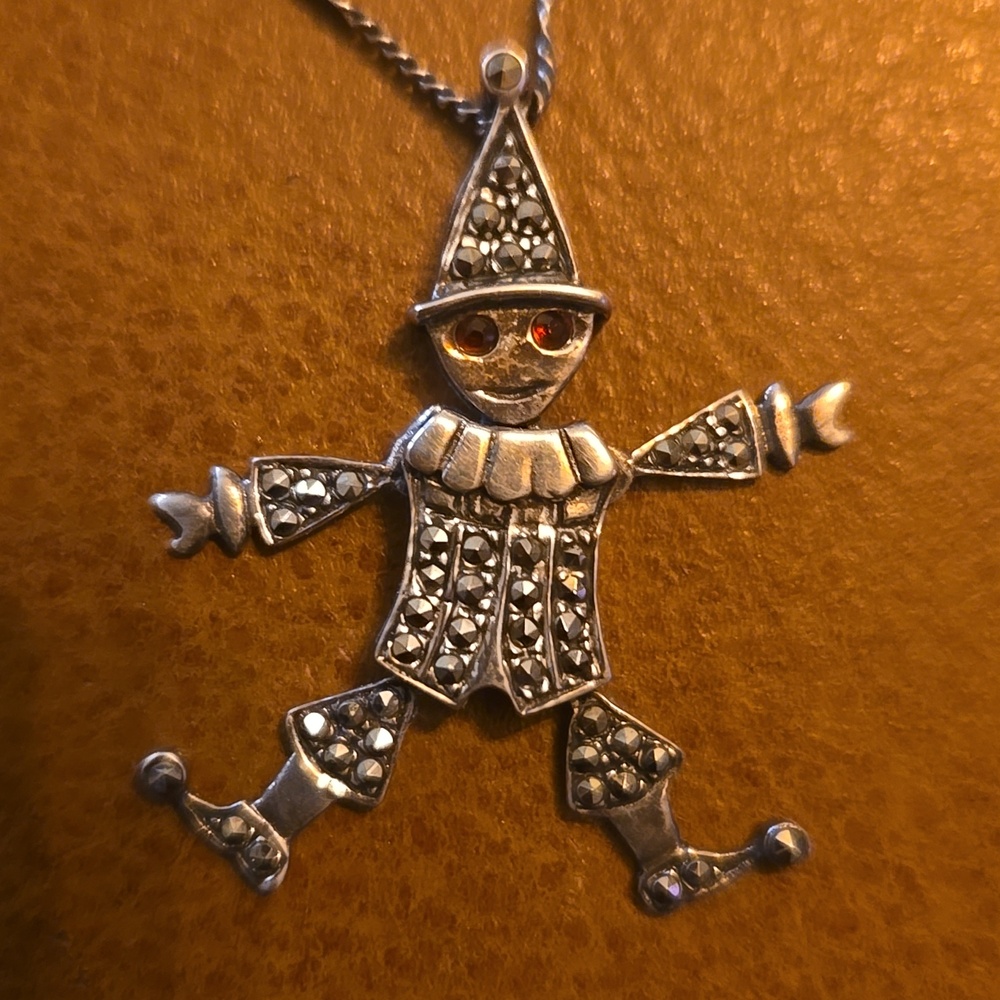 Whimsical Sterling Silver Moveable Clown Pendant & Necklace